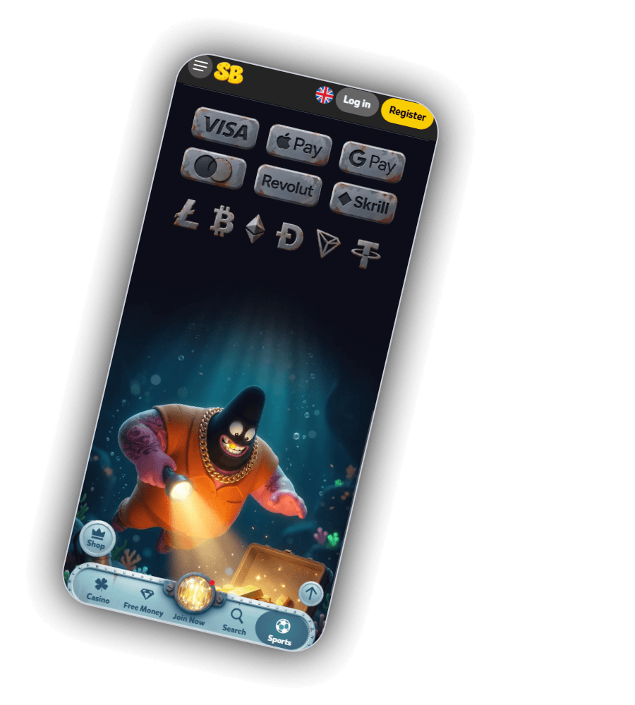 SpinBob betaalscherm met Visa, Apple Pay, Google Pay, Mastercard, Revolut, Skrill en zes munten