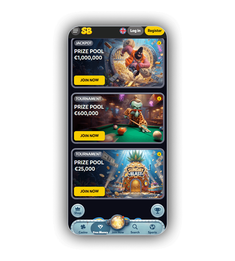 SpinBob Free Money met de jackpot van €&nbsp;1.000.000 en toernooien van €&nbsp;600.000 en €&nbsp;25.000