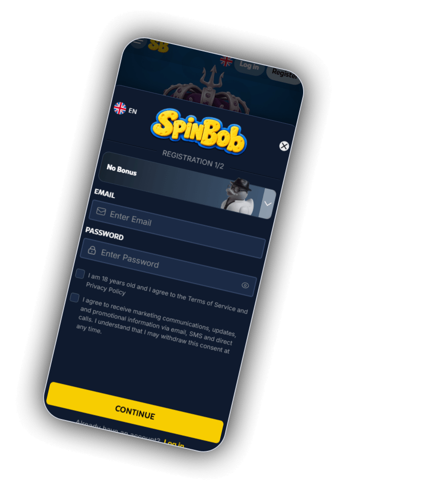 SpinBob registratieformulier met No Bonus, EMAIL, PASSWORD en de knop CONTINUE